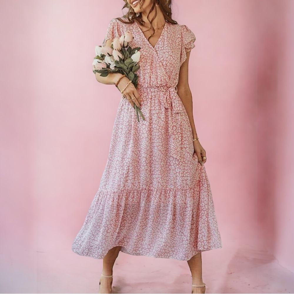 Beautiful Pink Surplice Ruffled Sleeves Tiered Long Dress
